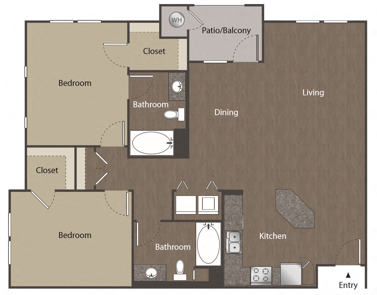 Floor plan for 2 beds, 2 baths, 1289 sqft